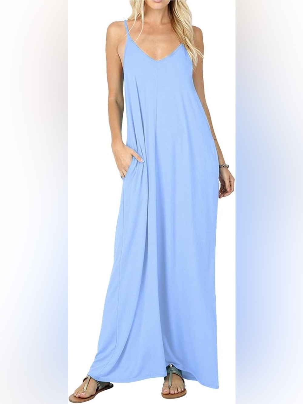 CALIPESSA Light Blue Knit Maxi Dress w/ Pockets Casual Flowy Sleeveless Women’s